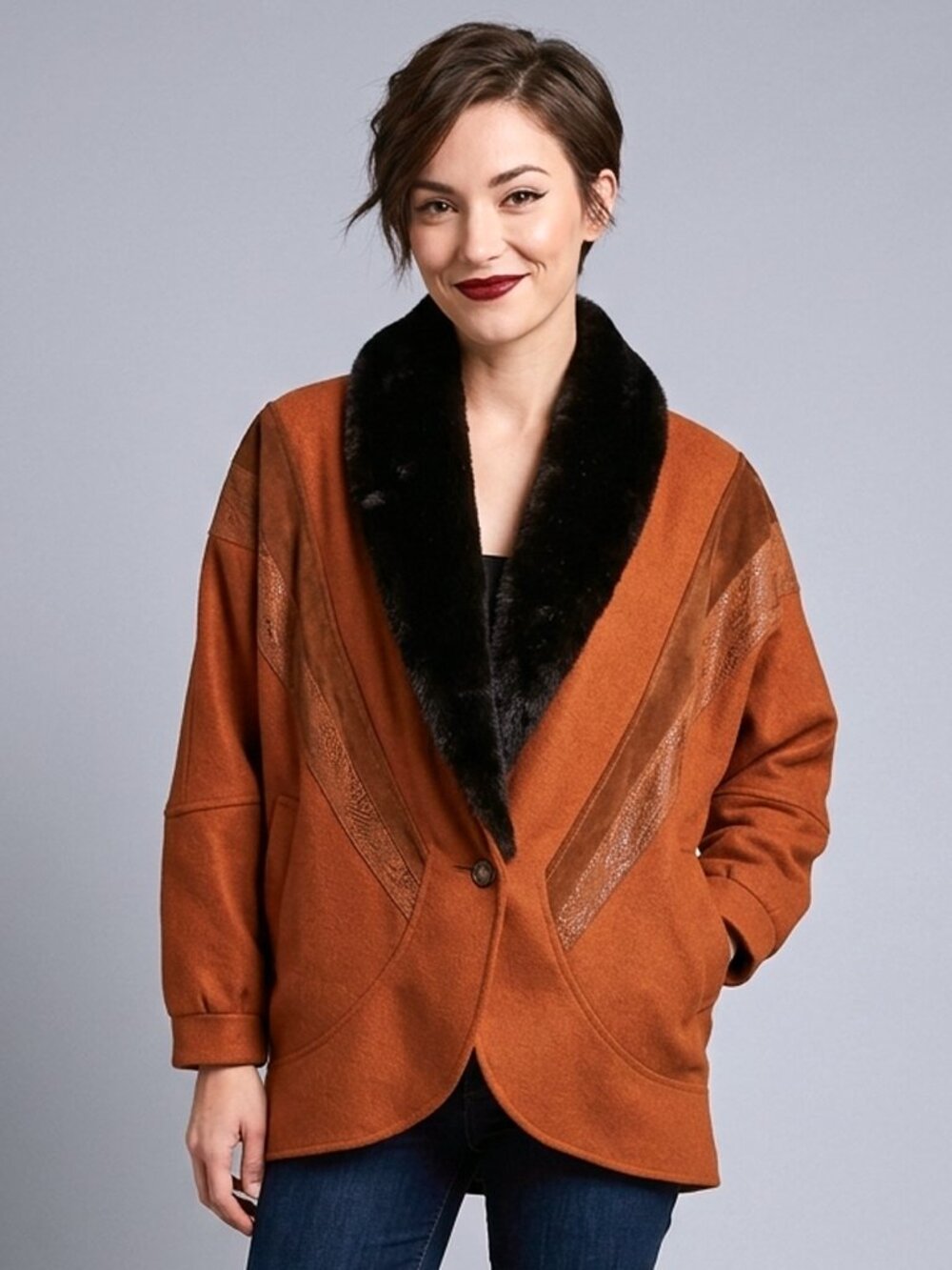 14 L Vintage 90s HAVOC Cognac Wool Faux Fur Batwing Cocoon Oversized Coat 80s
